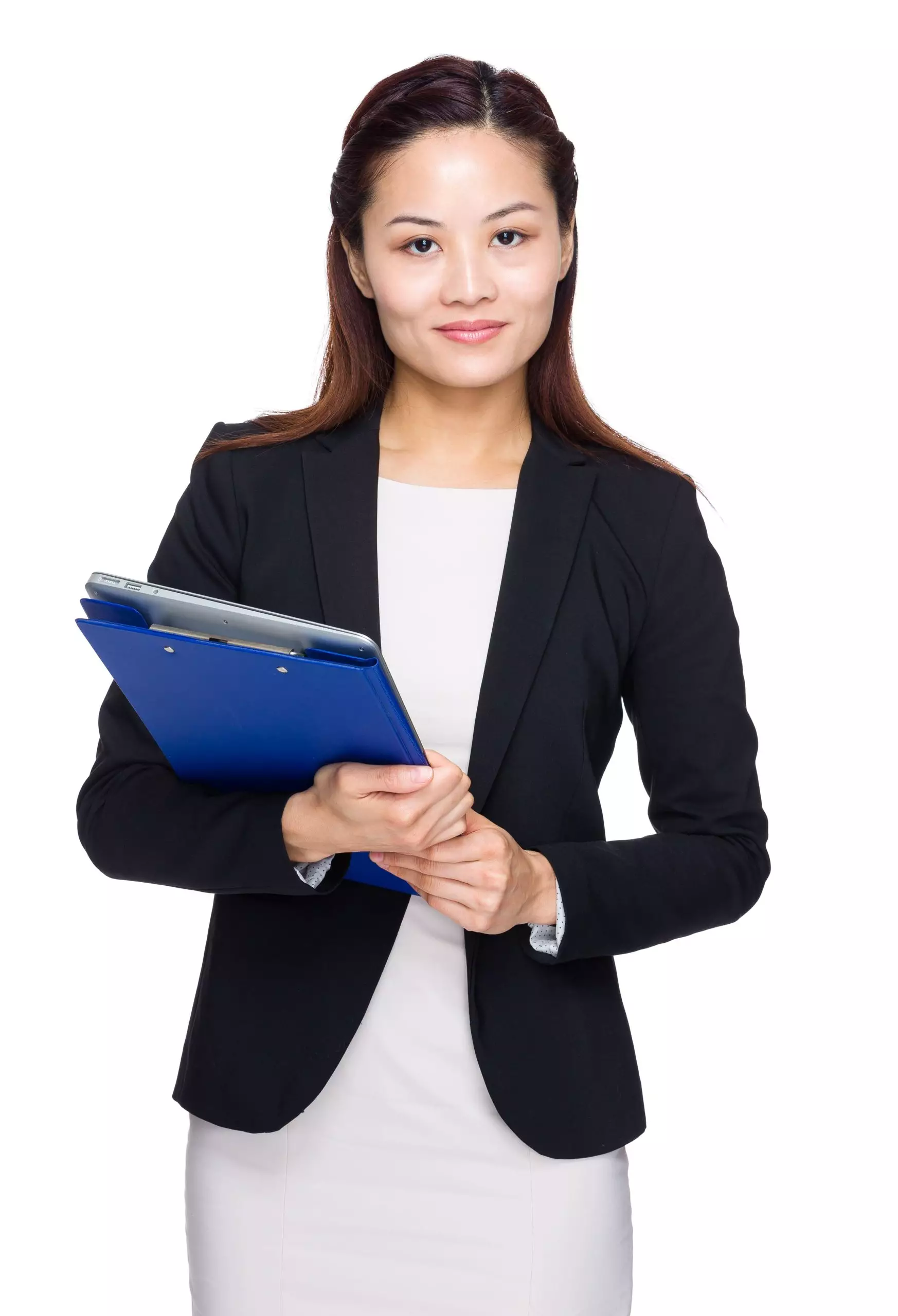 Portrait of female manager with folder of documents in office